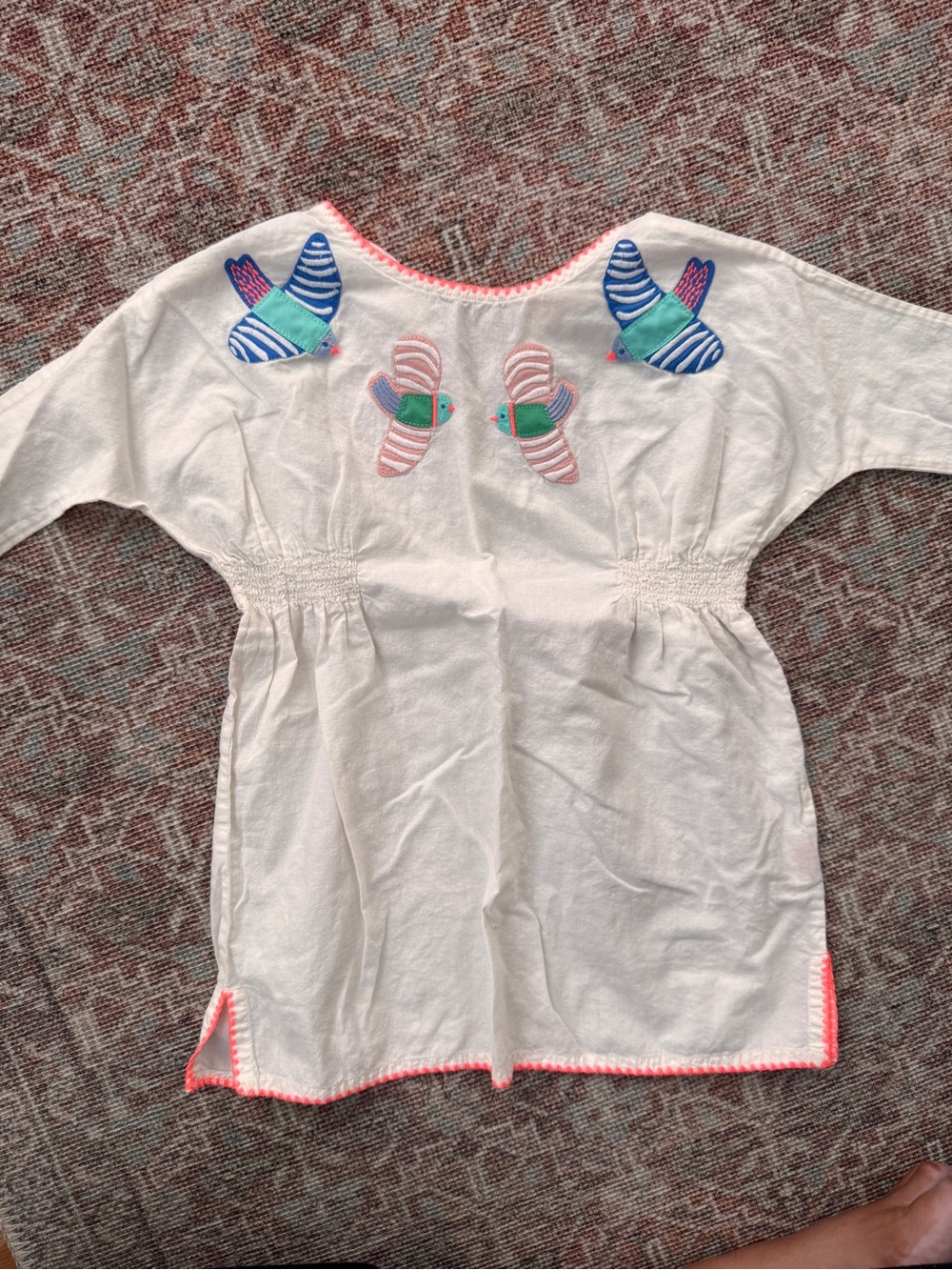 Boden Cream coverup with Neon Coral Trim and birds